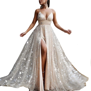 Sleepless champagne gold sequin evening dress with deep V-neck and high side slit