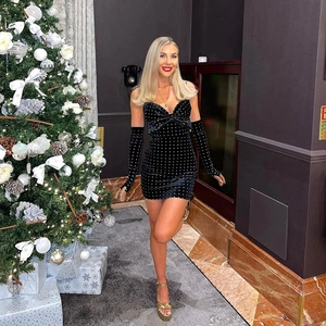 Sexy Black Velvet Glittery Bodycon Mini Dress And Gloves Bowknot Decor Party Evening Clubwear For Women