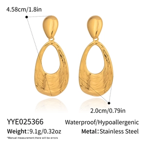 Detail of gold water ripple drop earrings with dimensions and material specifications