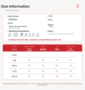 Detailed size chart for yoga shorts featuring measurements in S to XL and fabric specs