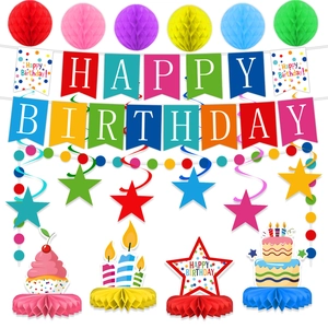 Detailed view of colorful Happy Birthday party decoration set with honeycomb ornaments