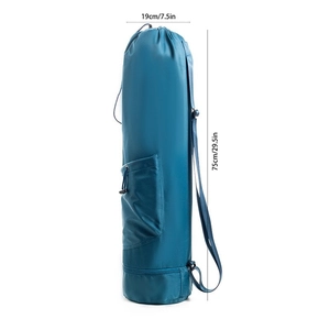 Blue cylindrical yoga mat bag showing dimensions 75cm height and 19cm width on white background