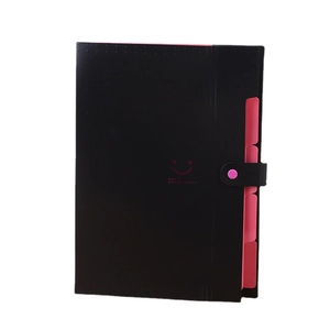 Trieur A4 en plastique PP noir avec onglets roses et fermeture par bouton-pression