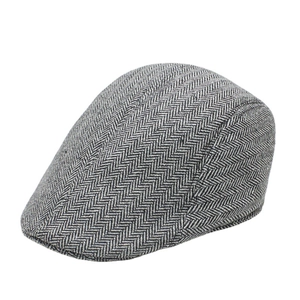 Classic herringbone tweed flat cap in vintage British style for men, side profile view