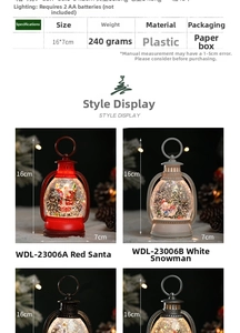 Close-up of vintage Christmas lantern with internal LED Santa and snowman figurines