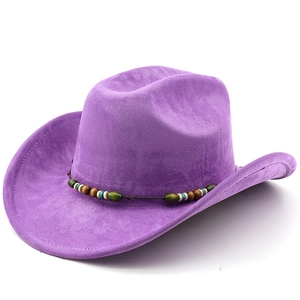 Detailed texture of purple suede cowboy hat with colorful bohemian beaded band