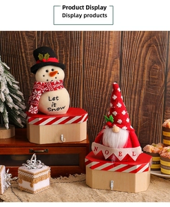 Detail of Christmas snowman and gnome ornaments with decorative striped wooden gift boxes