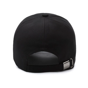 Rear view of black cotton baseball cap featuring an adjustable metal buckle strap