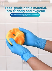 Close-up of food-grade blue nitrile gloves showing elasticity and grip while handling food