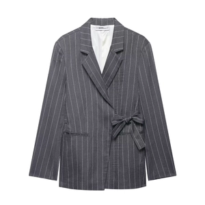 Women's Elegant Striped Blazer Suit Set Long Sleeve Tie Waist Jacket With Straight Wide Leg Pants Casual Office Wear