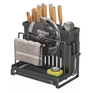 Multifunctional dark grey kitchen knife rack with cutting board holder and drain tray