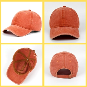Orange washed denim baseball cap with adjustable metal buckle shown from four angles