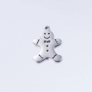 Detailed view of a brushed stainless steel gingerbread man charm for DIY jewelry making