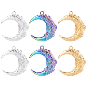Stainless Steel Crescent Moon Rose Flower Pendant Necklace For Women Fashion Rainbow Gold Silver Tone Jewelry Gifts