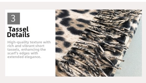 Close-up of leopard print scarf featuring soft cashmere texture and delicate short fringes