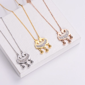 Three-color hip-hop stainless steel longevity lock necklaces with pavé zircon stones