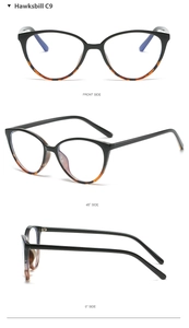Three views of cat-eye glasses frame in black and hawksbill tortoiseshell C9