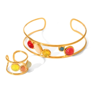 French vintage style gold plated cuff bracelet and ring set with colorful stones