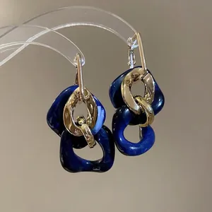 Vintage retro gold chain earrings with dark blue marble acrylic diamond pendants
