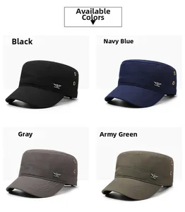 Detailed view of flat top caps in black, navy, grey, and green with eagle badges