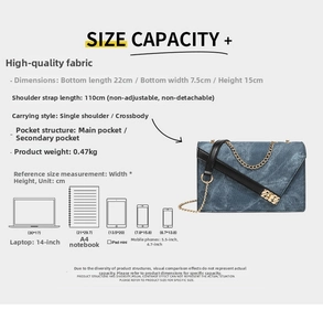 Size guide for denim blue crossbody bag with 22cm base length and 15cm height details