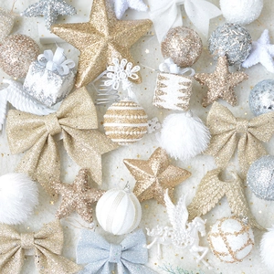 Christmas Tree Ornaments Glitter Sequin Foam Balls Stars Bows Hanging Festive Party Decor Champagne Silver White