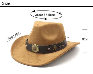 Size chart for brown faux suede cowboy hat with crown height and brim measurements