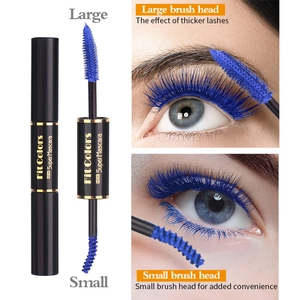 Dual-ended waterproof blue mascara with large and small brush heads for volume and length