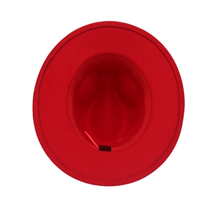 Detail view of red felt fedora interior with adjustable inner strap and sweatband