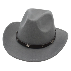 Classic grey felt cowboy hat featuring a leather band with silver star and rivet accents