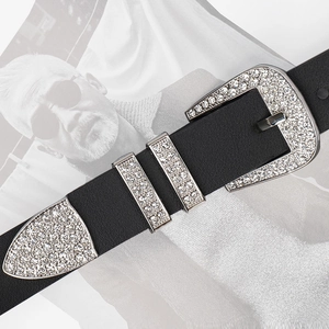 Chic black Y2K leather belt for women featuring sparkling rhinestone western buckle decor