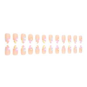 Pink almond press-on nails with 24pcs colorful digital floral prints for women