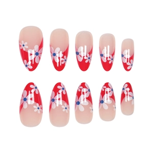 Red French almond press-on nails with white floral patterns and glossy finish set