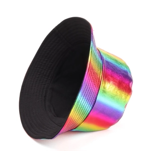 Rainbow gradient glossy bucket hat with metallic finish and sun protection style