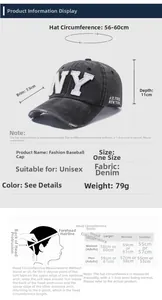 Size chart for vintage washed denim baseball cap with brim and crown measurements