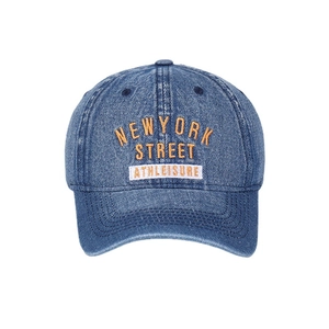 Blue washed denim baseball cap with yellow New York street embroidery and soft top crown