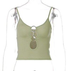 Detail of sage green camisole with metal rings and front cutout design