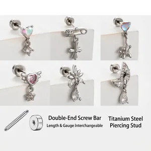 Titanium Steel Copper Cartilage Earring Stud Screw Back Heart Cross Zircon Wing Piercing Jewelry Gothic Punk Style Women