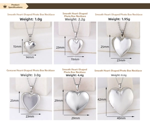 Detailed size chart showing dimensions and weights for heart-shaped locket pendants