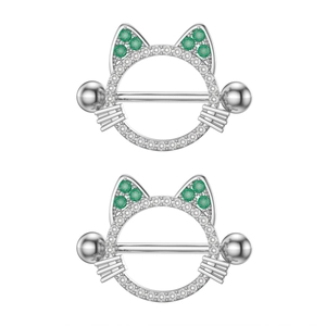 Piercing capezzolo a forma di gatto argento con zirconi verdi e bianchi su bianco