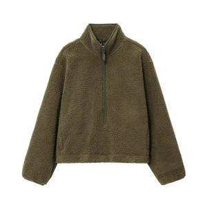 Women's army green half-zip teddy fleece sweatshirt with loose fit and textured fabric