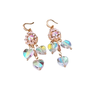 Vintage gold heart fringe earrings with iridescent crystals and white pearls