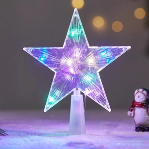 Macro detail of LED star tree topper with crystal facets and colorful festive glow
