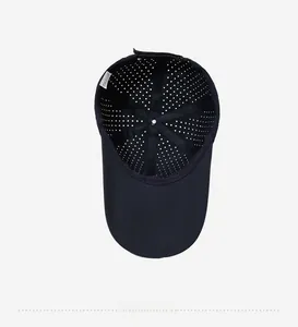 Detailed interior of a navy mesh baseball cap featuring laser-cut breathable holes