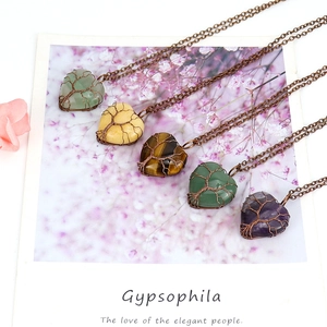 Tree of Life wire wrapped heart natural stone pendant necklace with bronze chain