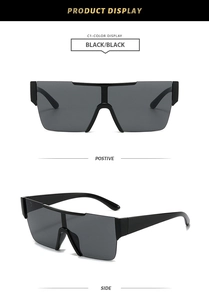 Front and side view of black rimless shield sunglasses for outdoor fashion and sun protection