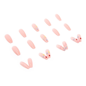 Faux ongles ballerine longs rose gelée avec fleurs 3D colorées et détails diamant