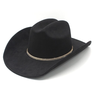 Chapeau De Cowboy Western Classique Suède À Bord Large Avec Décoration Chaîne Dorée En Strass Style Rétro