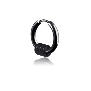 Unisex black stainless steel hoop earring featuring three decorative bead charms on white background