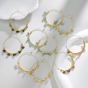 Bohemian 14k gold plated hoop earrings with natural turquoise stones and metal beads